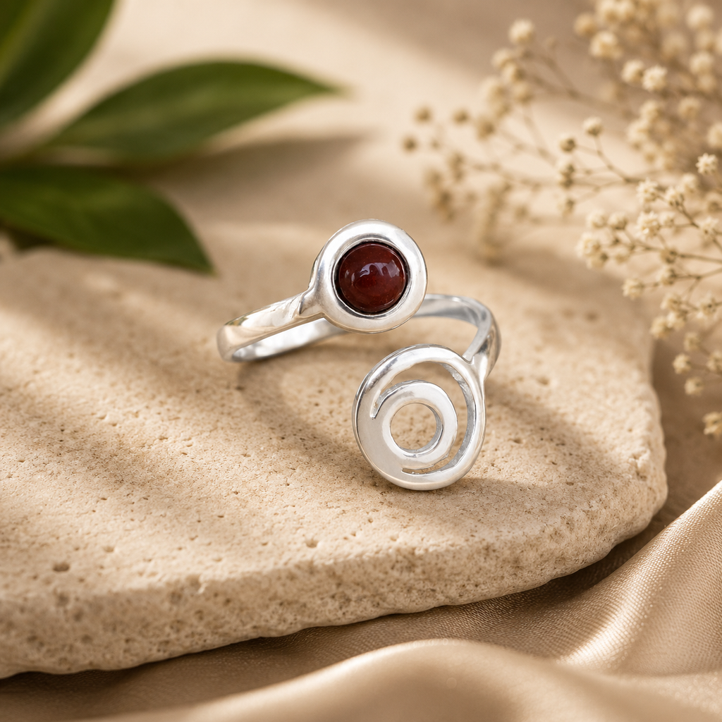 ANUVA Cosmos Ring Silver Orbit & Red Stone Open Adjustable