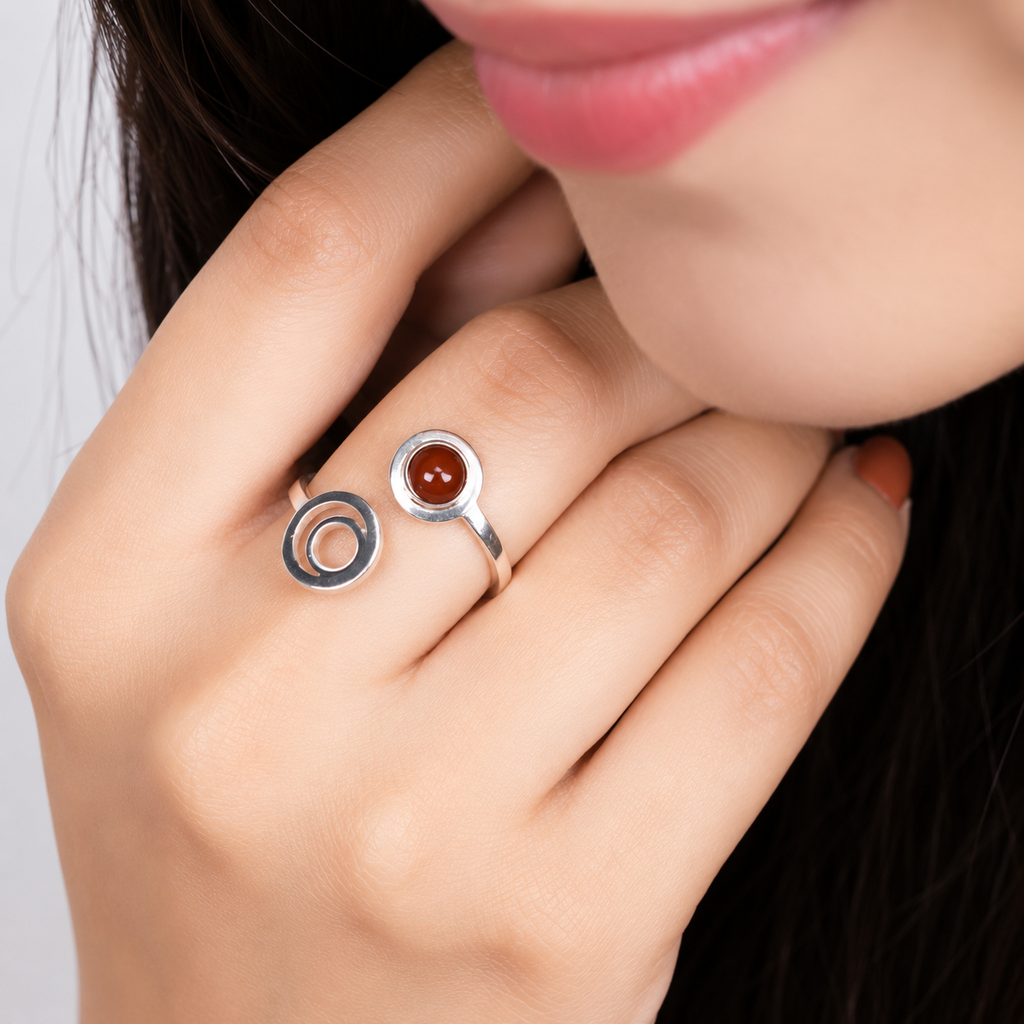 ANUVA Cosmos Ring Silver Orbit & Red Stone Open Adjustable