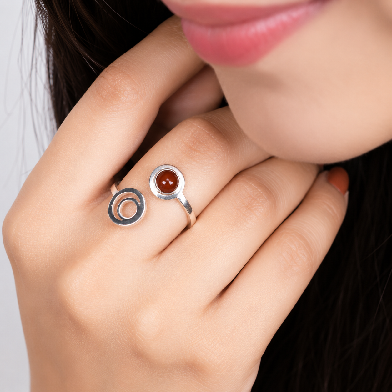 ANUVA Cosmos Ring Silver Orbit & Red Stone Open Adjustable