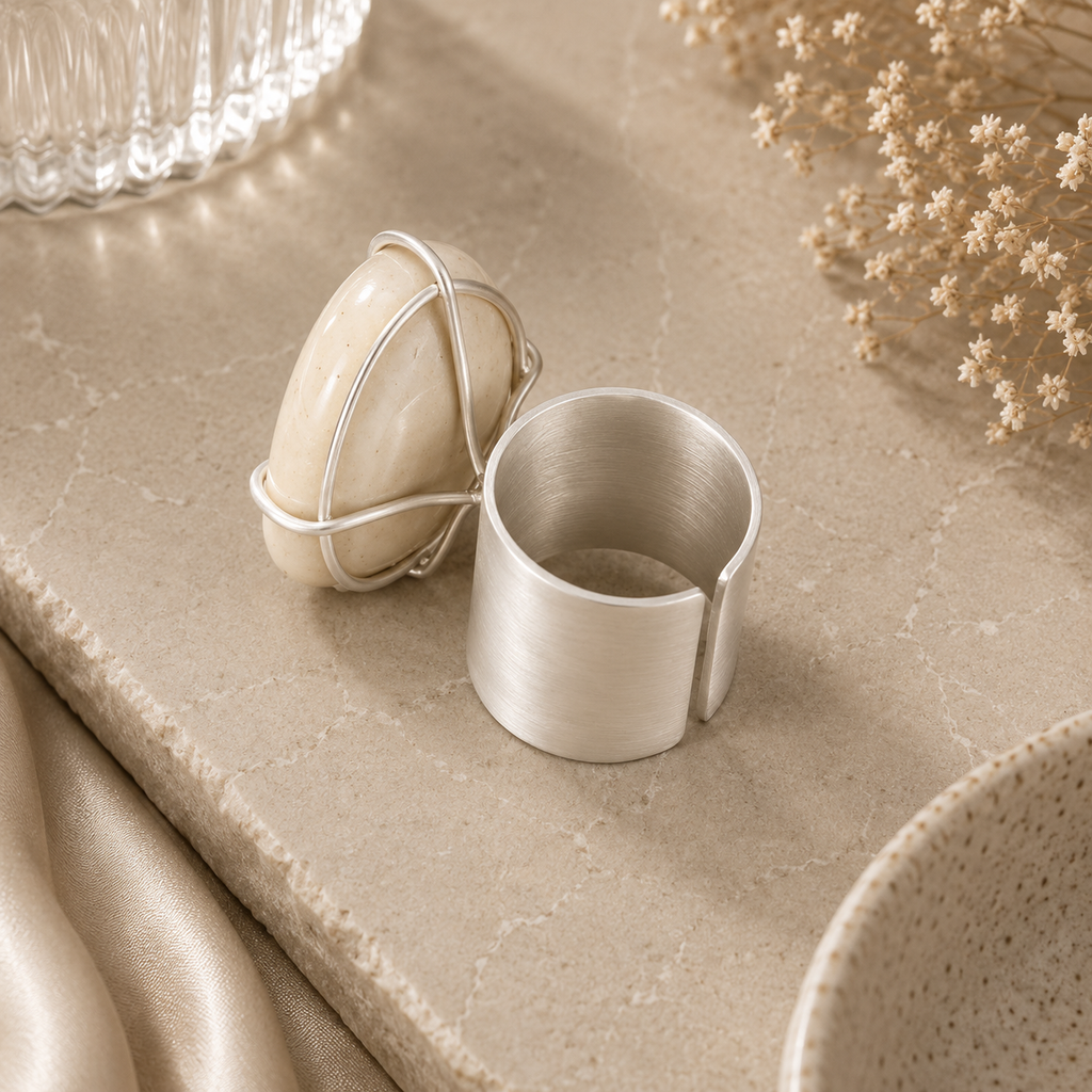 ANUVA Deep Lakes Ceramic Ring Silver Wide Band Crackle Stone