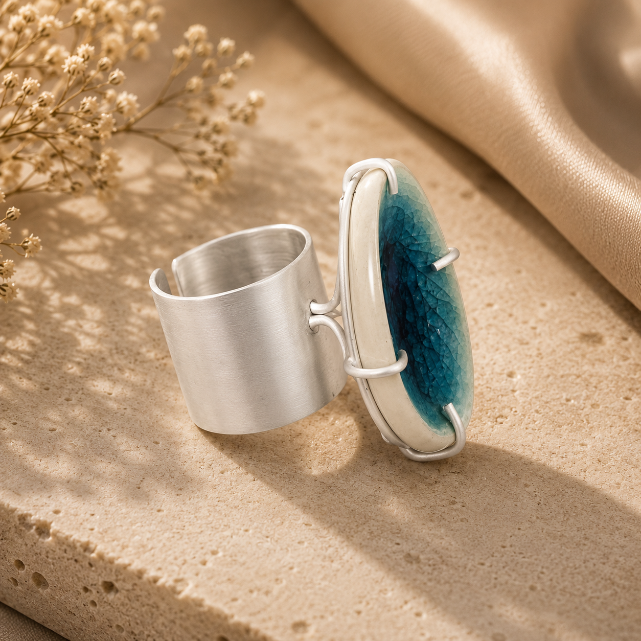 ANUVA Deep Lakes Ceramic Ring Silver Wide Band Crackle Stone