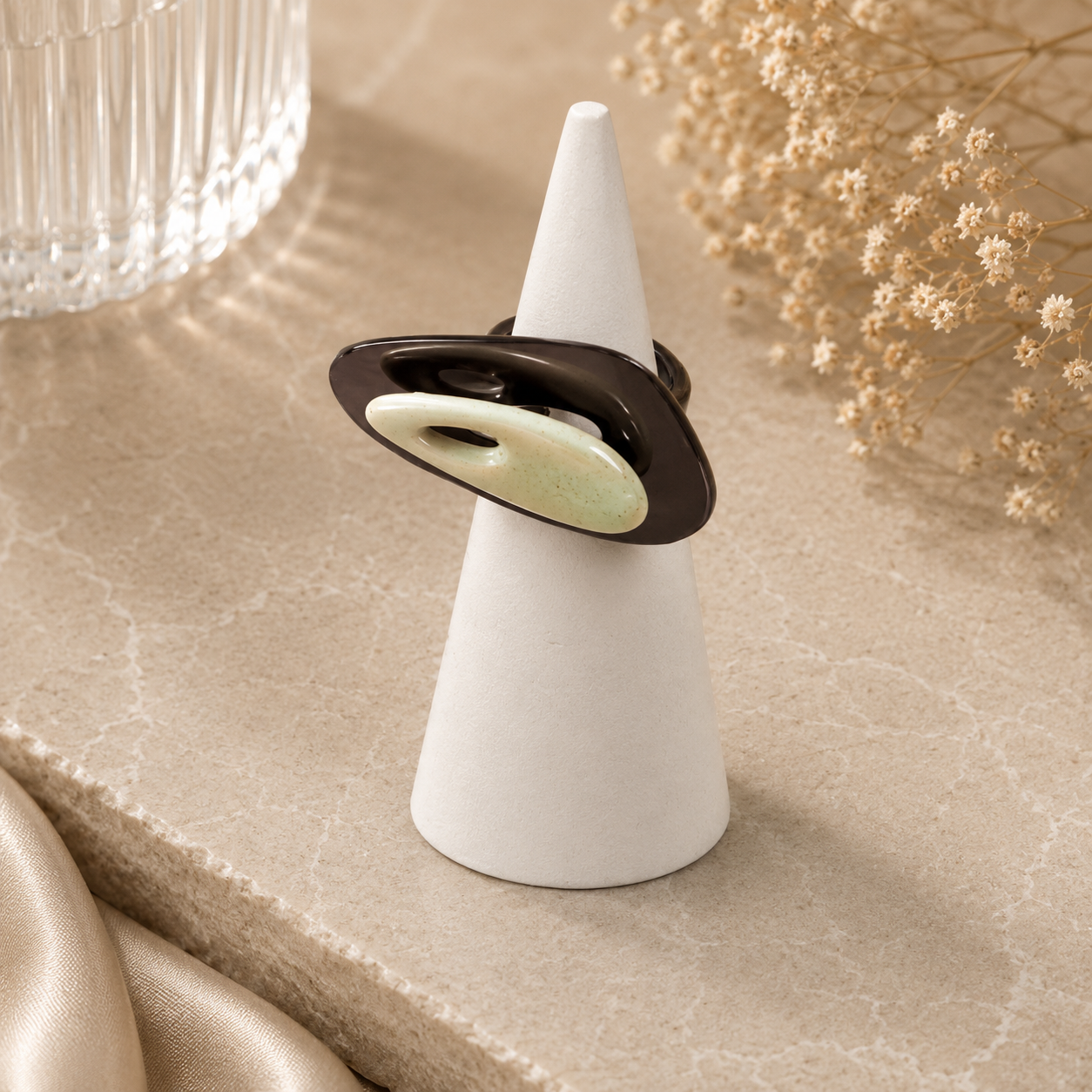 ANUVA Organic Ceramic Ring Black & Mint Sculptural Statement