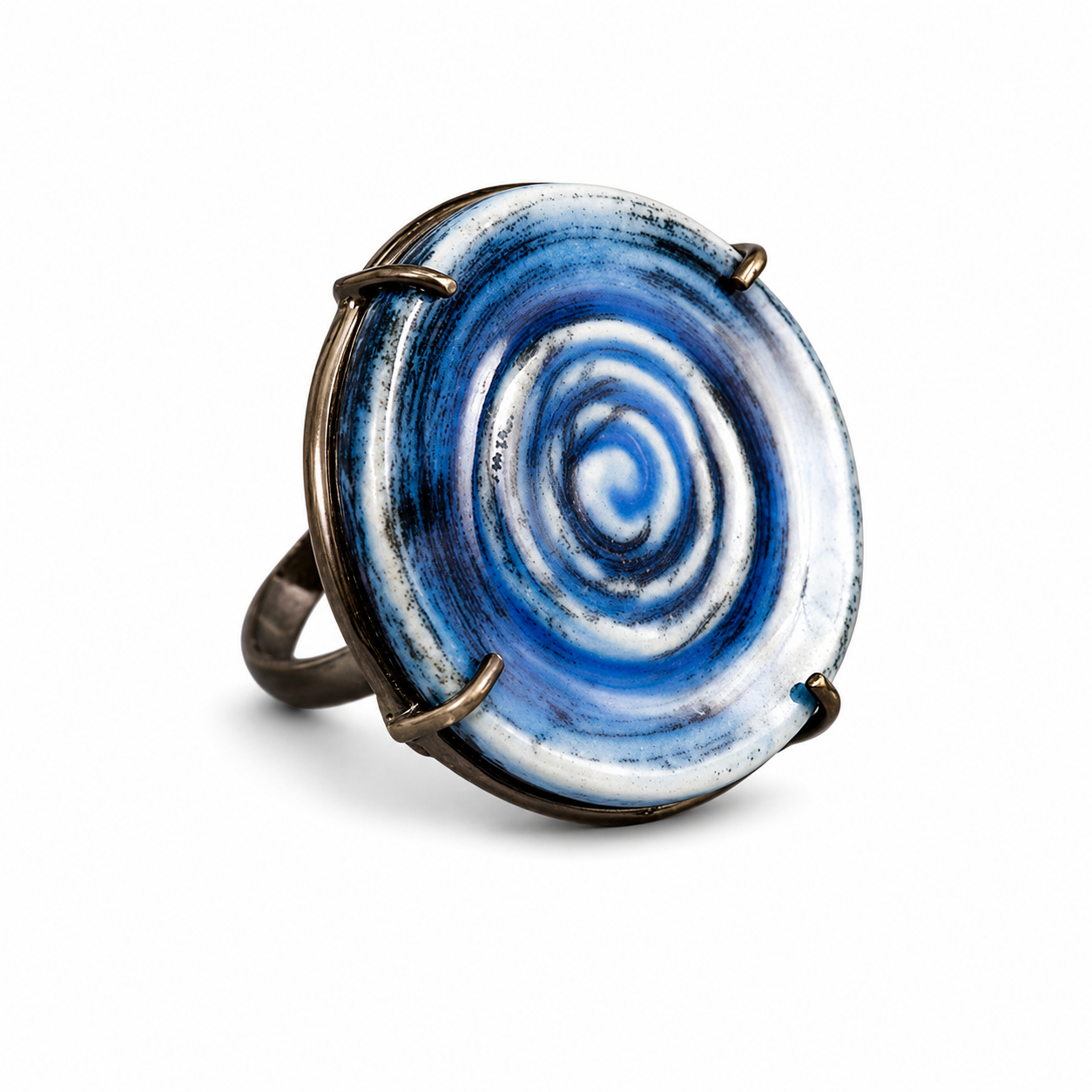 ANUVA Water Spiral Ceramic Ring Blue Brass Artisan Statement