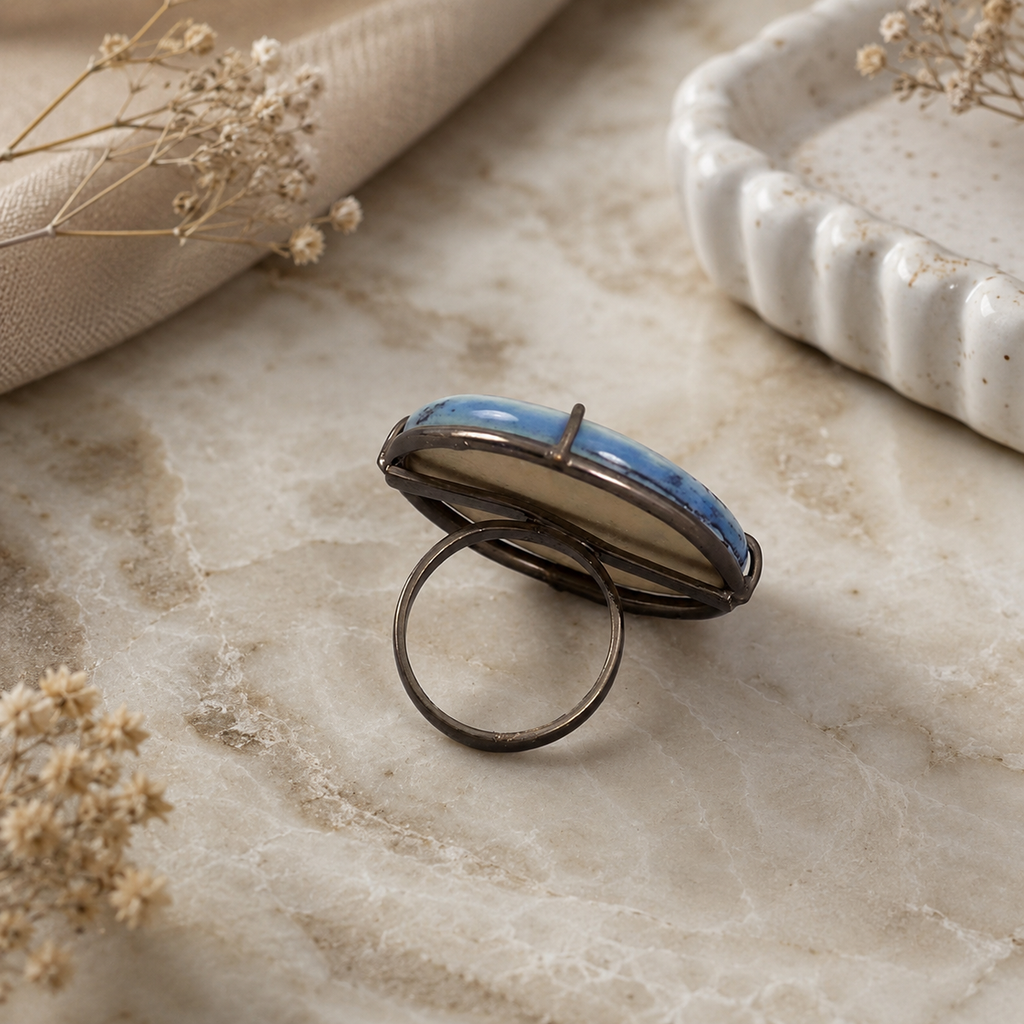 ANUVA Water Spiral Ceramic Ring Blue Brass Artisan Statement