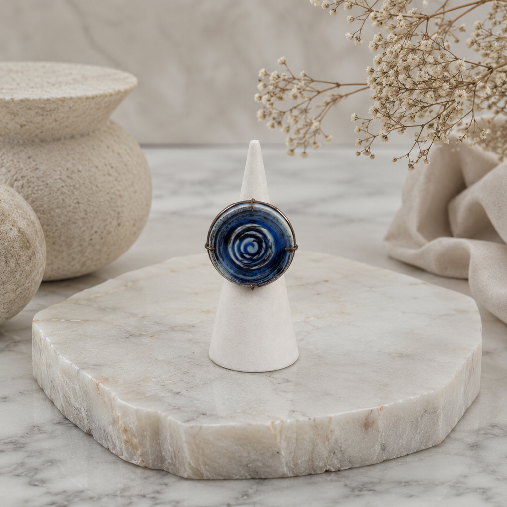 ANUVA Water Spiral Ceramic Ring Blue Brass Artisan Statement