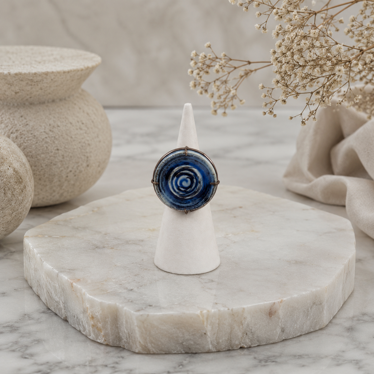 ANUVA Water Spiral Ceramic Ring Blue Brass Artisan Statement