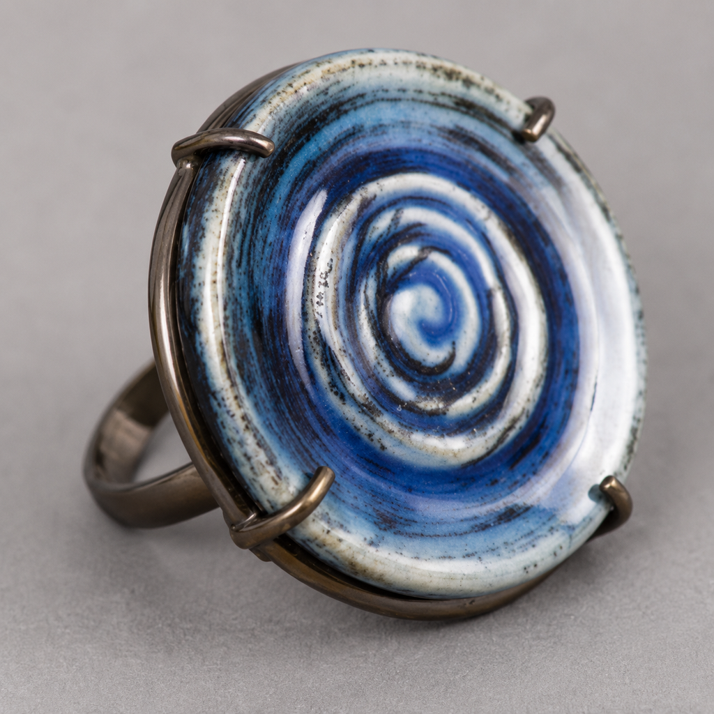 ANUVA Water Spiral Ceramic Ring Blue Brass Artisan Statement