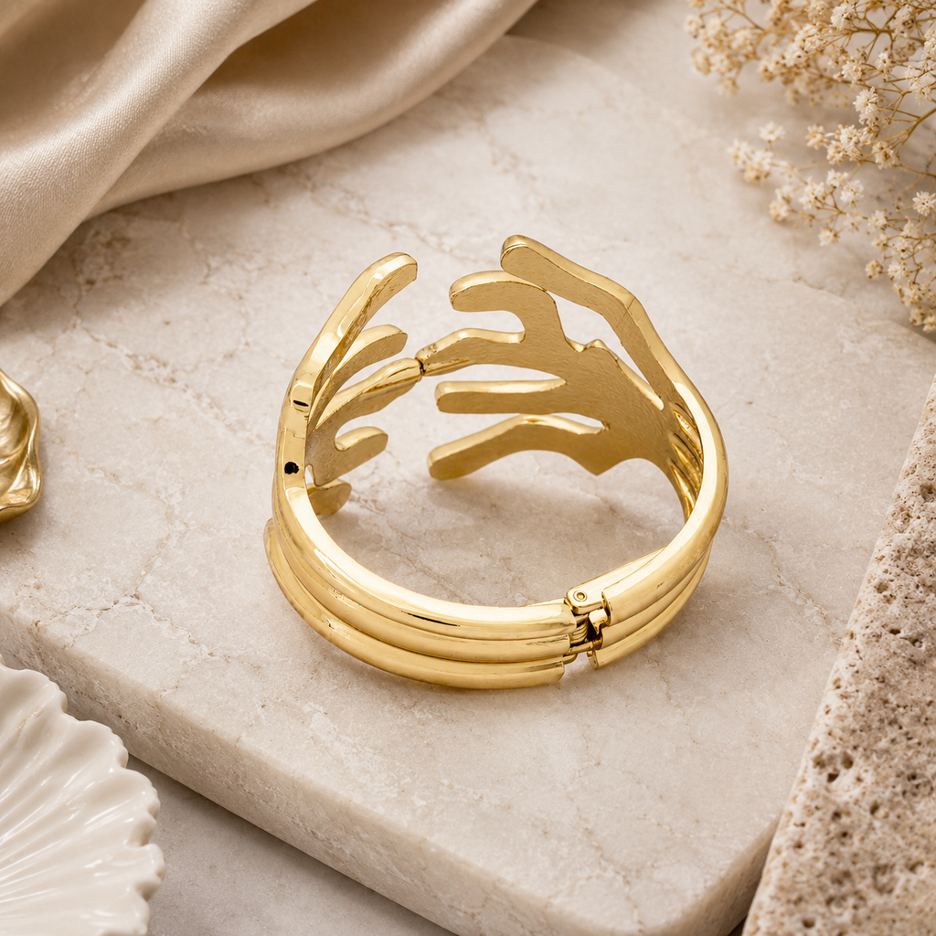 ANUVA Golden Tide Sculpted Coral Cuff Bracelet Gold Stainless Steel