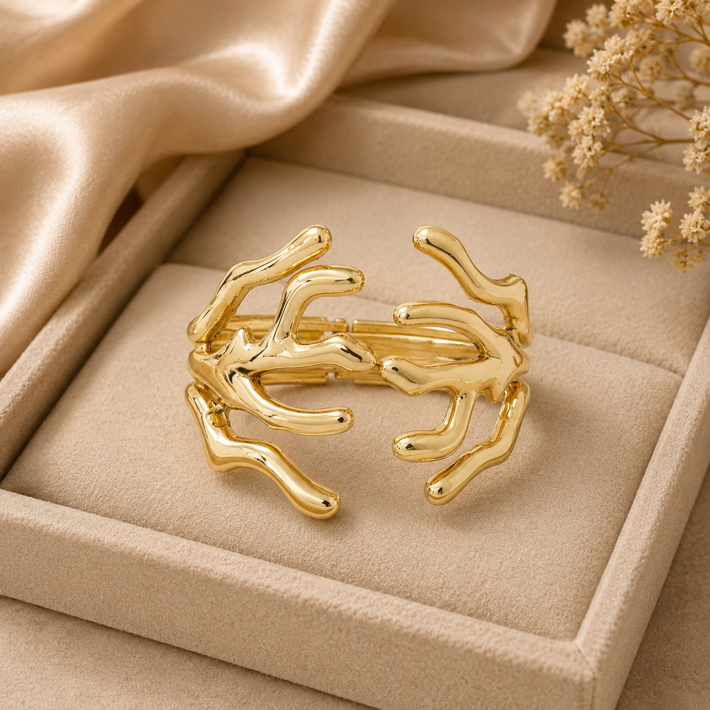 ANUVA Golden Tide Sculpted Coral Cuff Bracelet Gold Stainless Steel