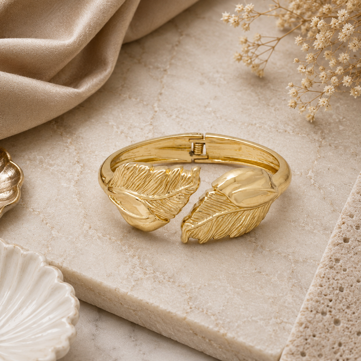 ANUVA Leaf Whisper Luxe Cuff Bracelet Gold Stainless Steel Feather