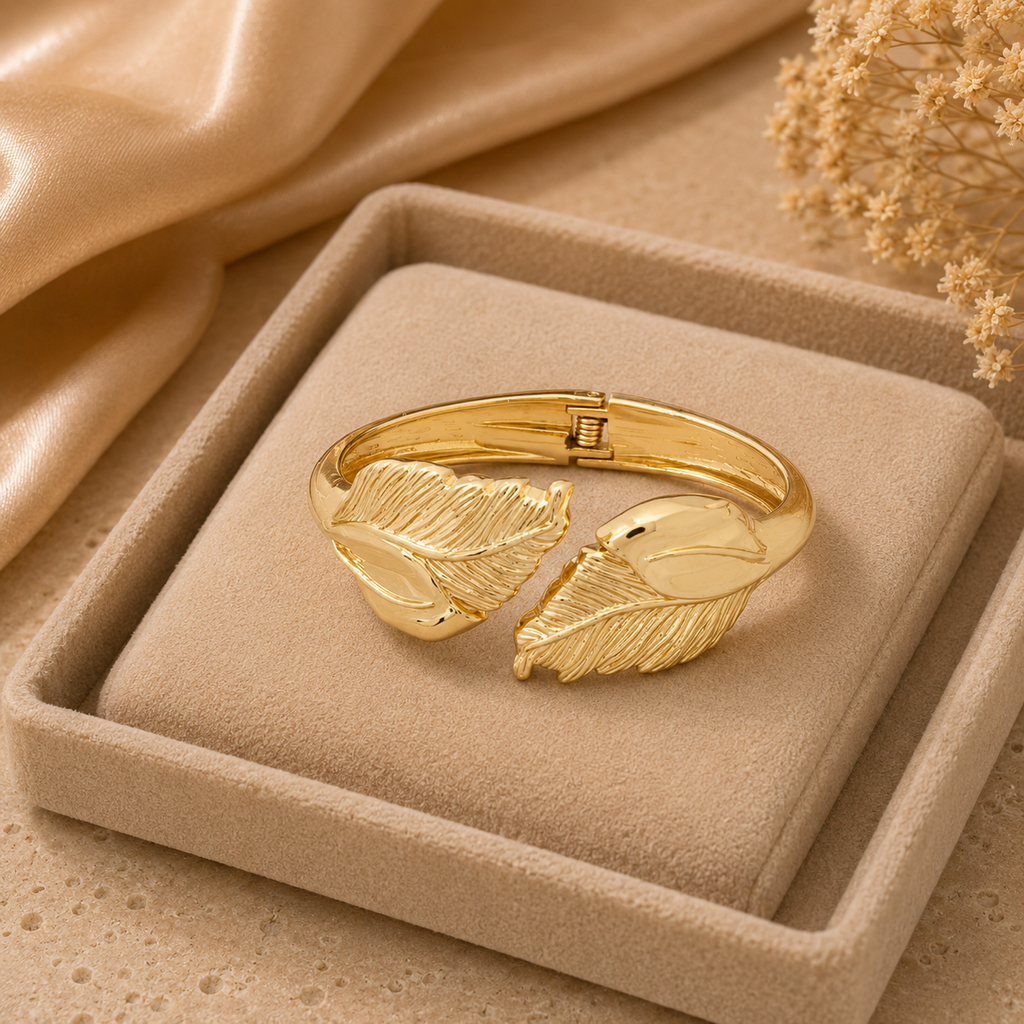 ANUVA Leaf Whisper Luxe Cuff Bracelet Gold Stainless Steel Feather