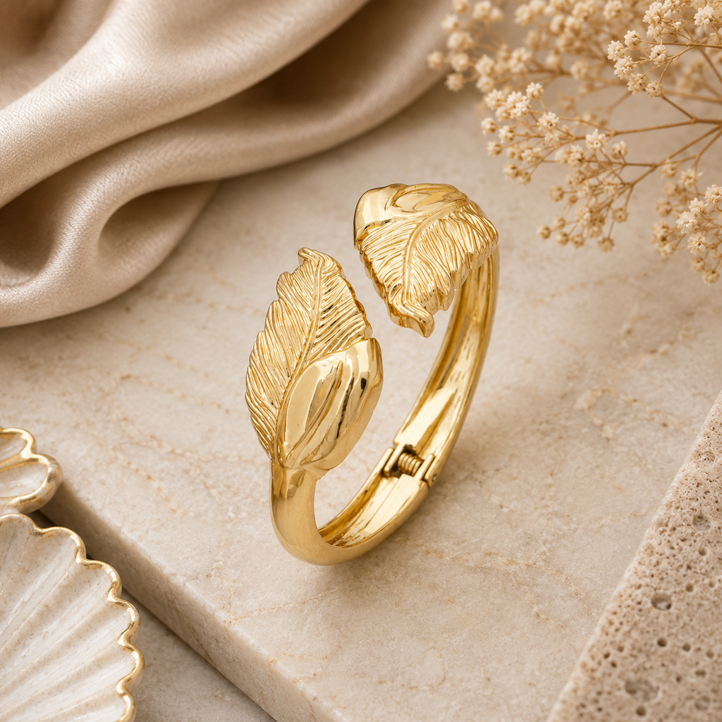 ANUVA Leaf Whisper Luxe Cuff Bracelet Gold Stainless Steel Feather