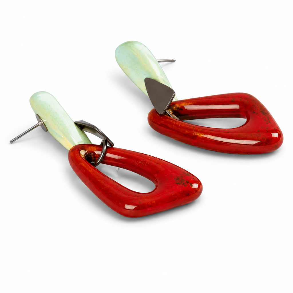 ANUVA Organic Double Ceramic Dangle Earrings Red & Mint