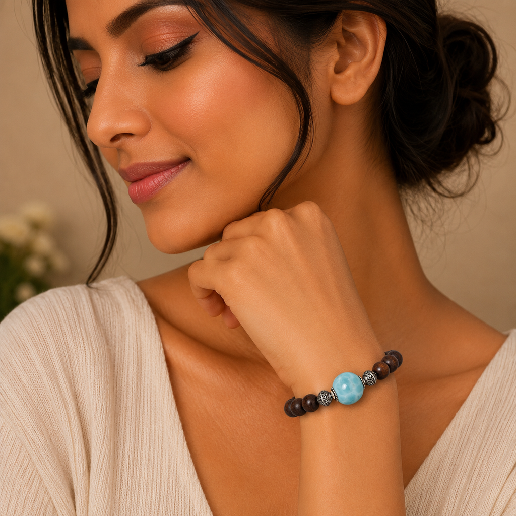 ANUVA Wood Bead & Turquoise Ceramic Stretch Bracelet Boho