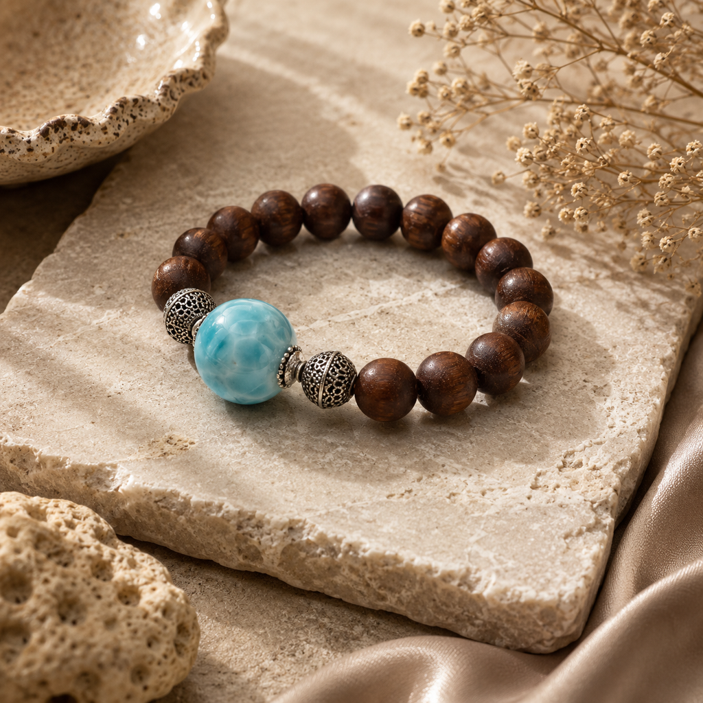 ANUVA Wood Bead & Turquoise Ceramic Stretch Bracelet Boho