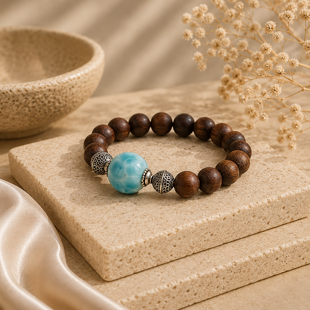 ANUVA Wood Bead & Turquoise Ceramic Stretch Bracelet Boho