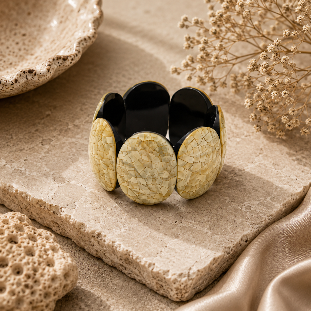 ANUVA Crackle Stone & Black Resin Wide Stretch Bracelet Bold