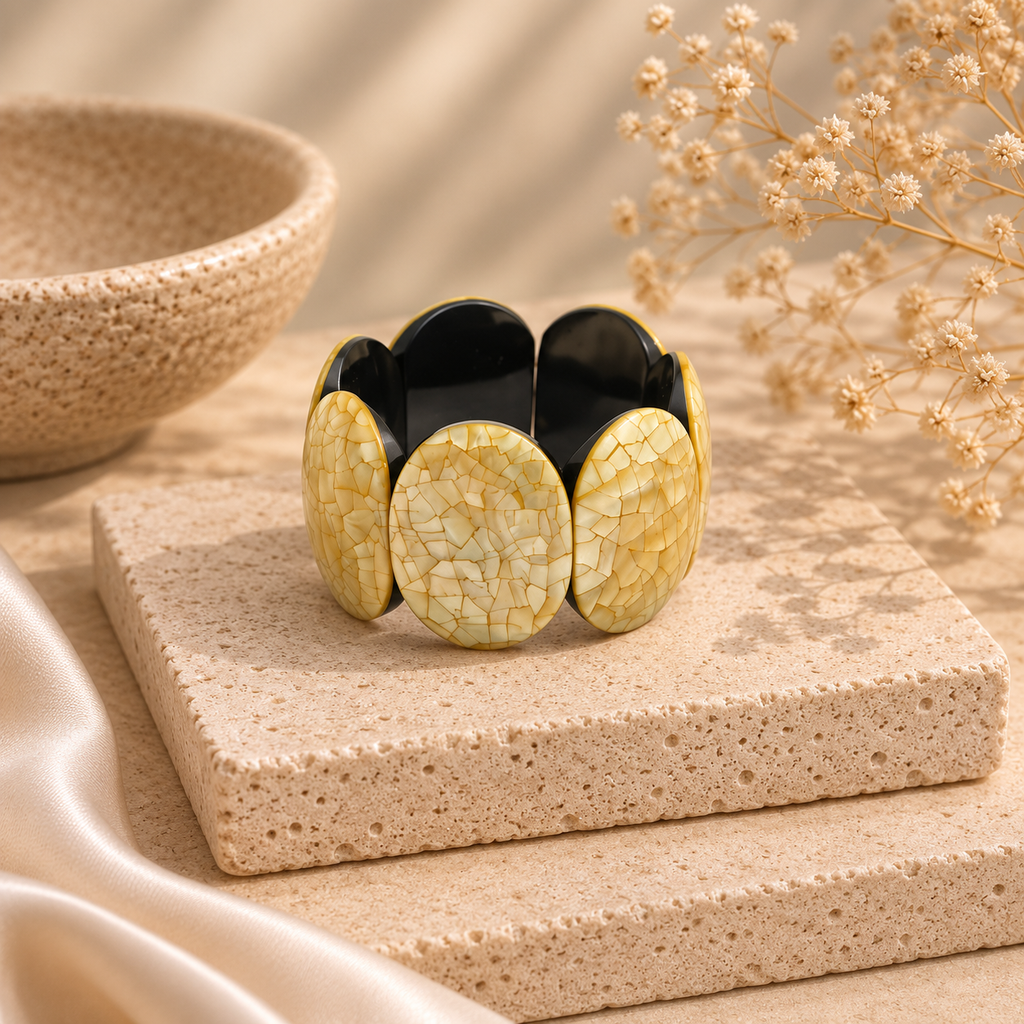 ANUVA Crackle Stone & Black Resin Wide Stretch Bracelet Bold