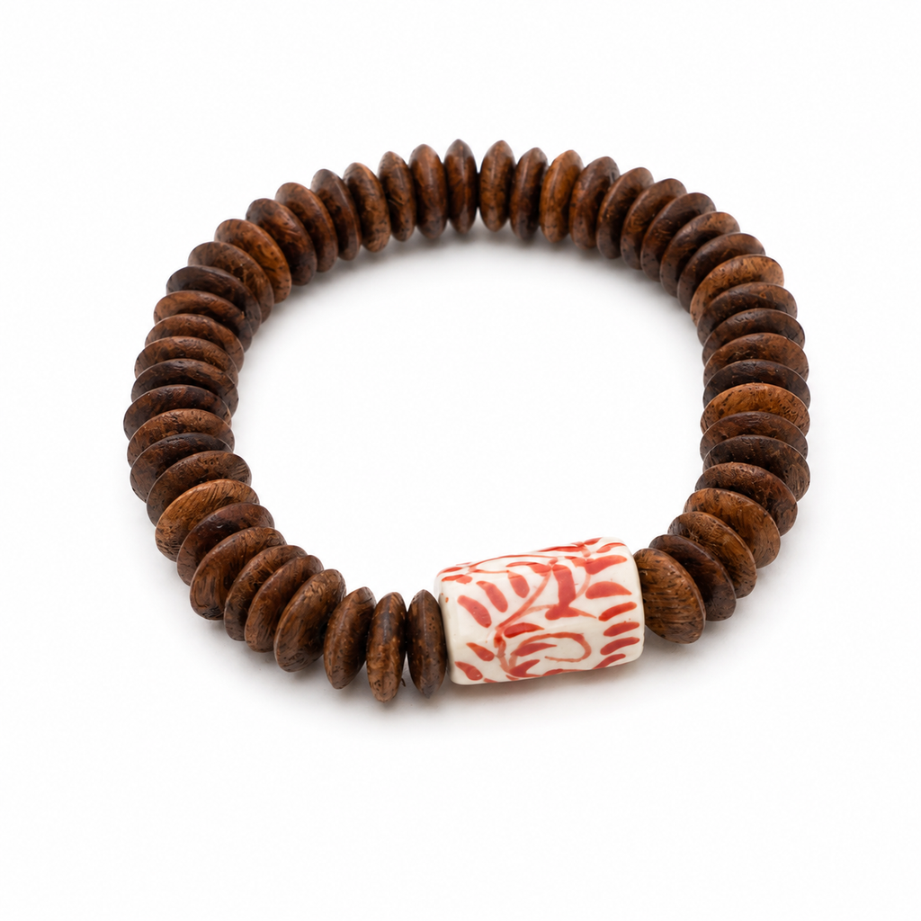 ANUVA Wood Disc & Red Floral Ceramic Stretch Bracelet Boho