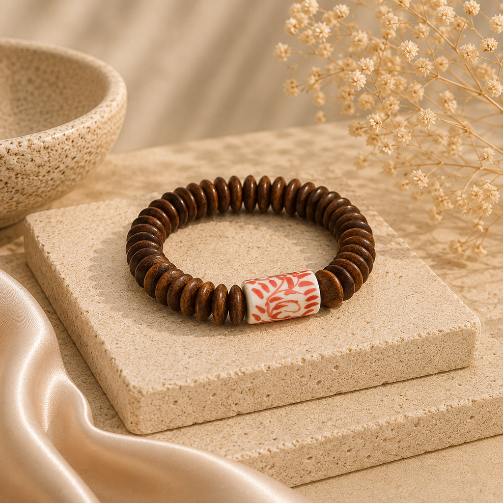 ANUVA Wood Disc & Red Floral Ceramic Stretch Bracelet Boho