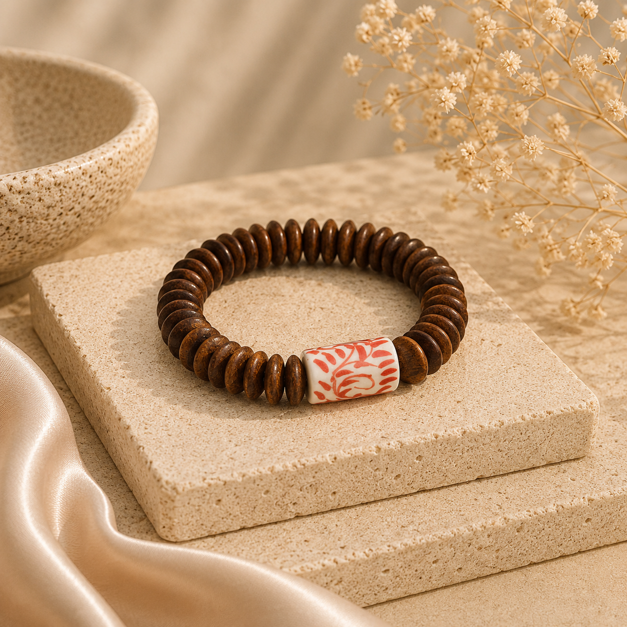 ANUVA Wood Disc & Red Floral Ceramic Stretch Bracelet Boho