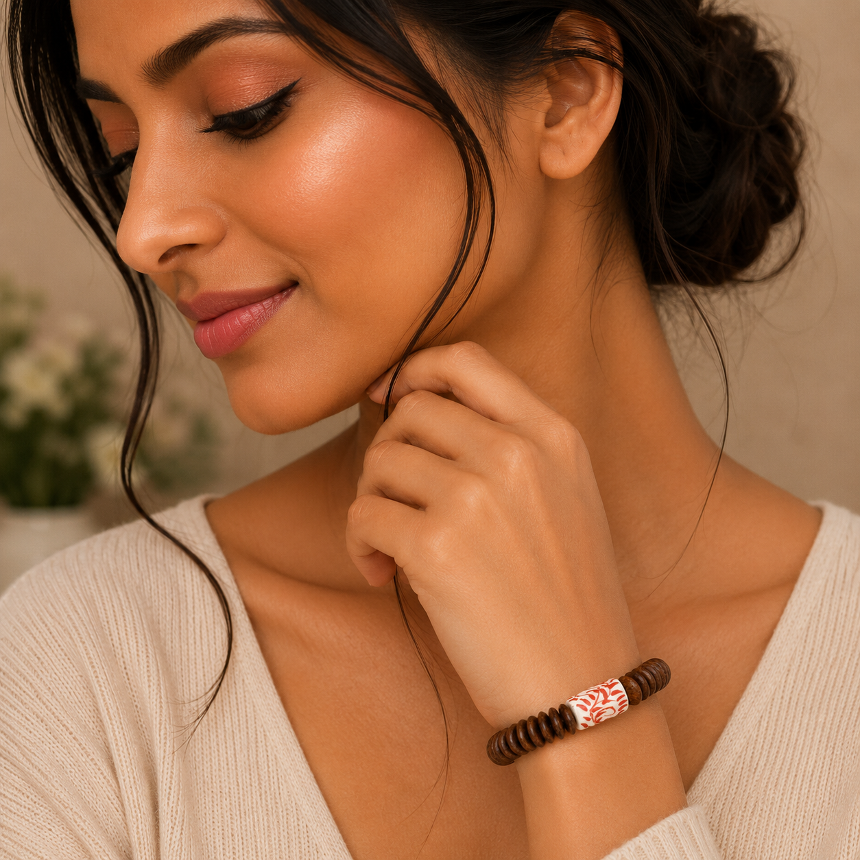 ANUVA Wood Disc & Red Floral Ceramic Stretch Bracelet Boho