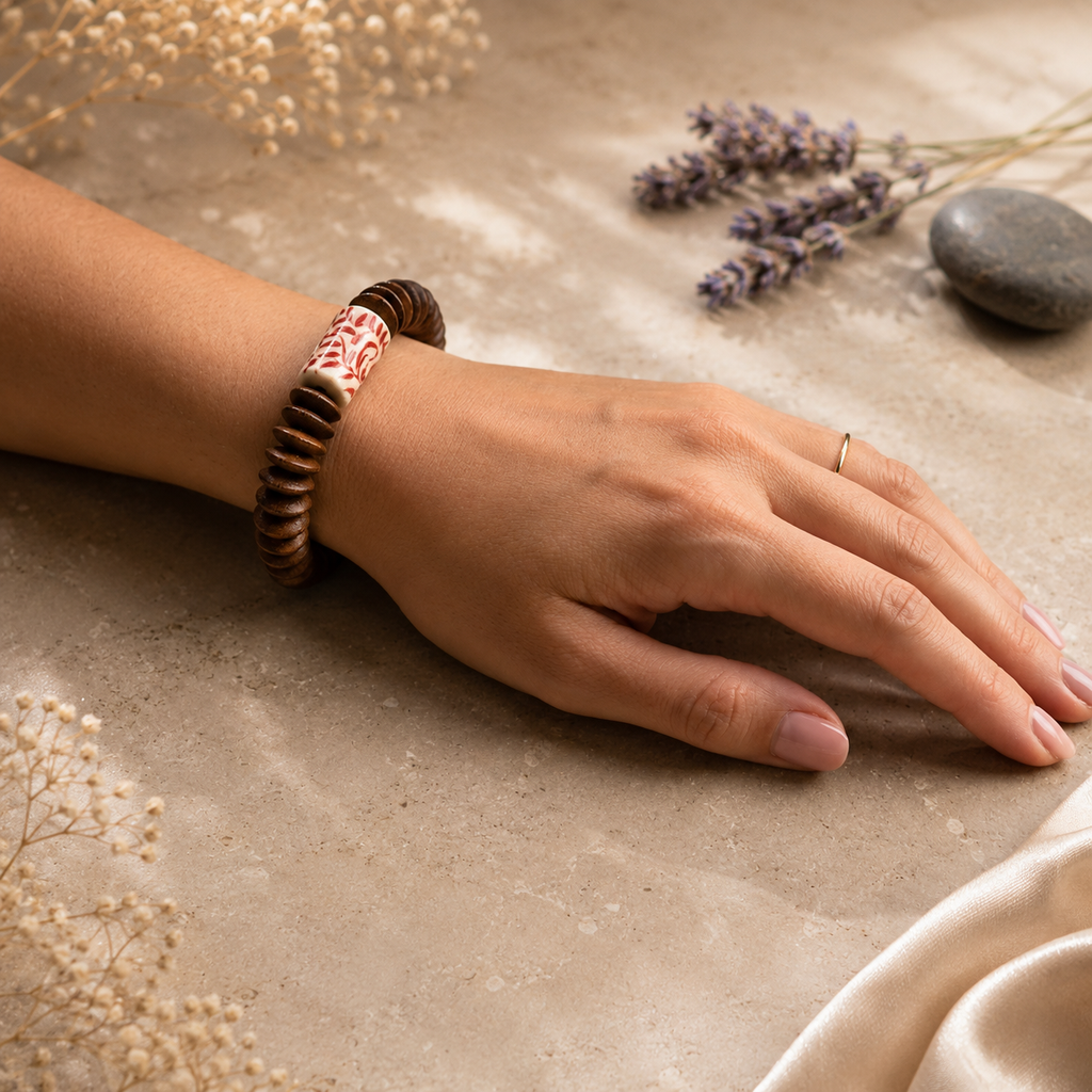 ANUVA Wood Disc & Red Floral Ceramic Stretch Bracelet Boho