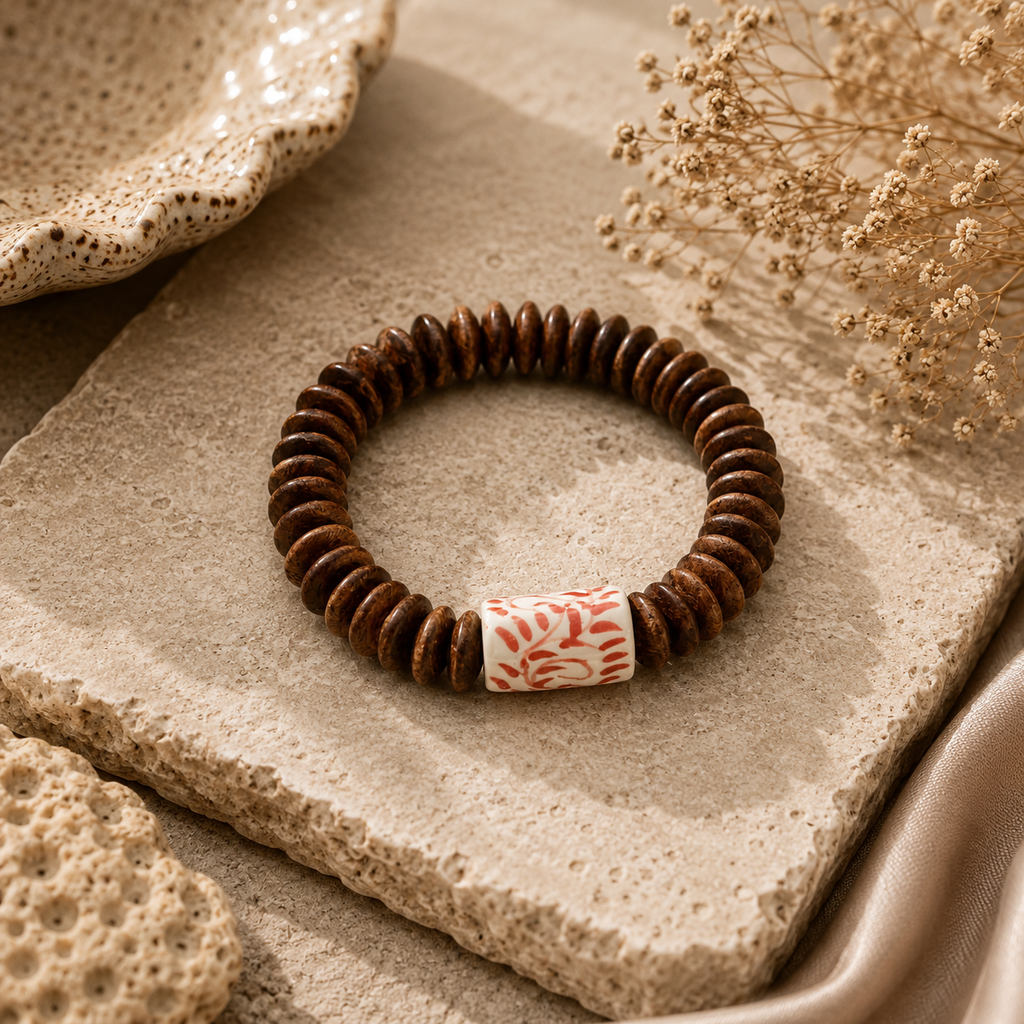 ANUVA Wood Disc & Red Floral Ceramic Stretch Bracelet Boho