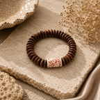 ANUVA Wood Disc & Red Floral Ceramic Stretch Bracelet Boho