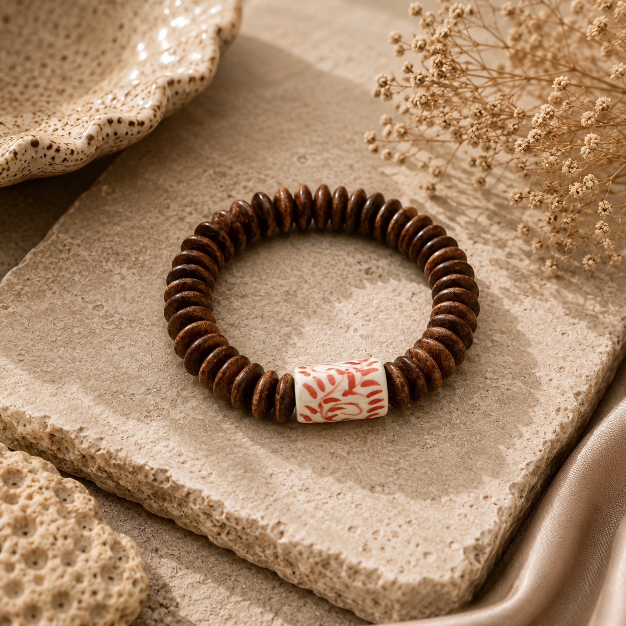 ANUVA Wood Disc & Red Floral Ceramic Stretch Bracelet Boho