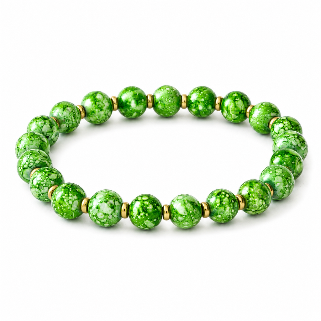 ANUVA Green Marble Bead Stretch Bracelet with Gold Disc Accents