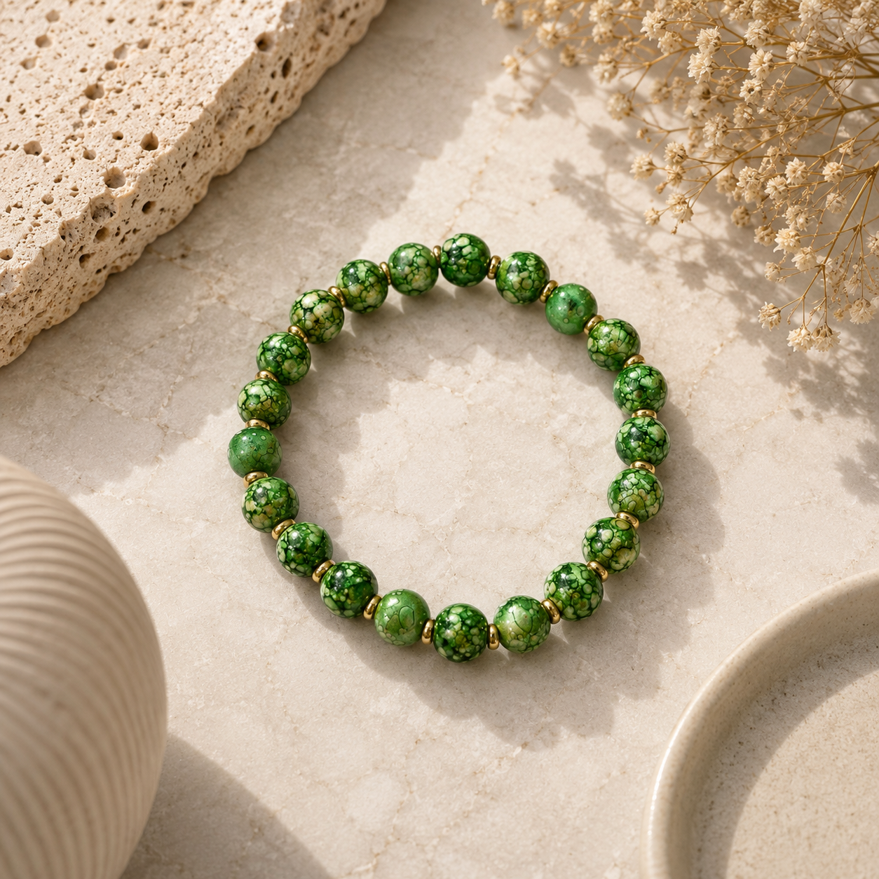 ANUVA Green Marble Bead Stretch Bracelet with Gold Disc Accents