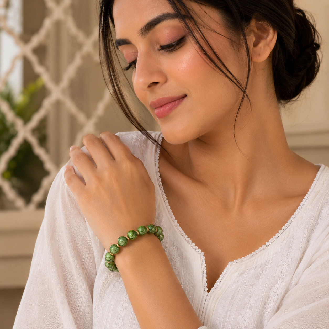 ANUVA Green Marble Bead Stretch Bracelet with Gold Disc Accents