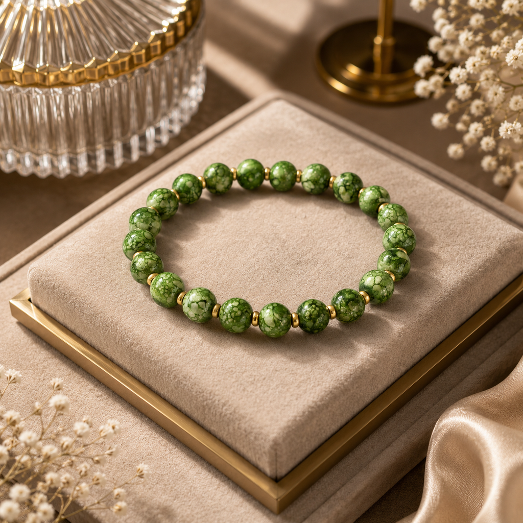 ANUVA Green Marble Bead Stretch Bracelet with Gold Disc Accents