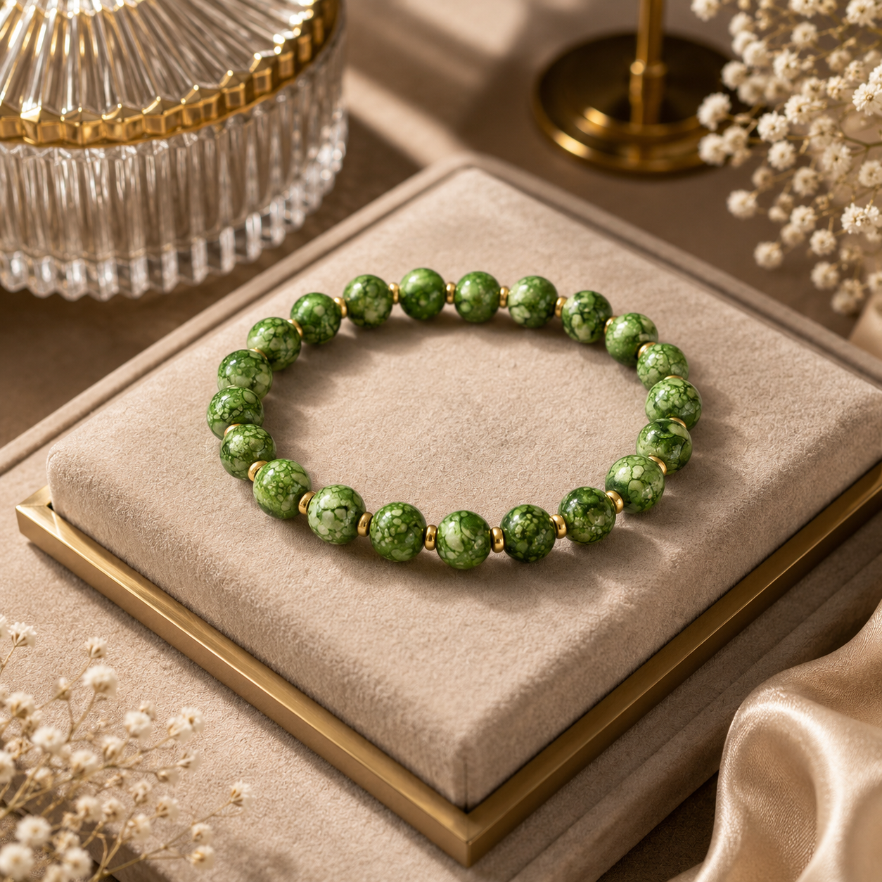 ANUVA Green Marble Bead Stretch Bracelet with Gold Disc Accents