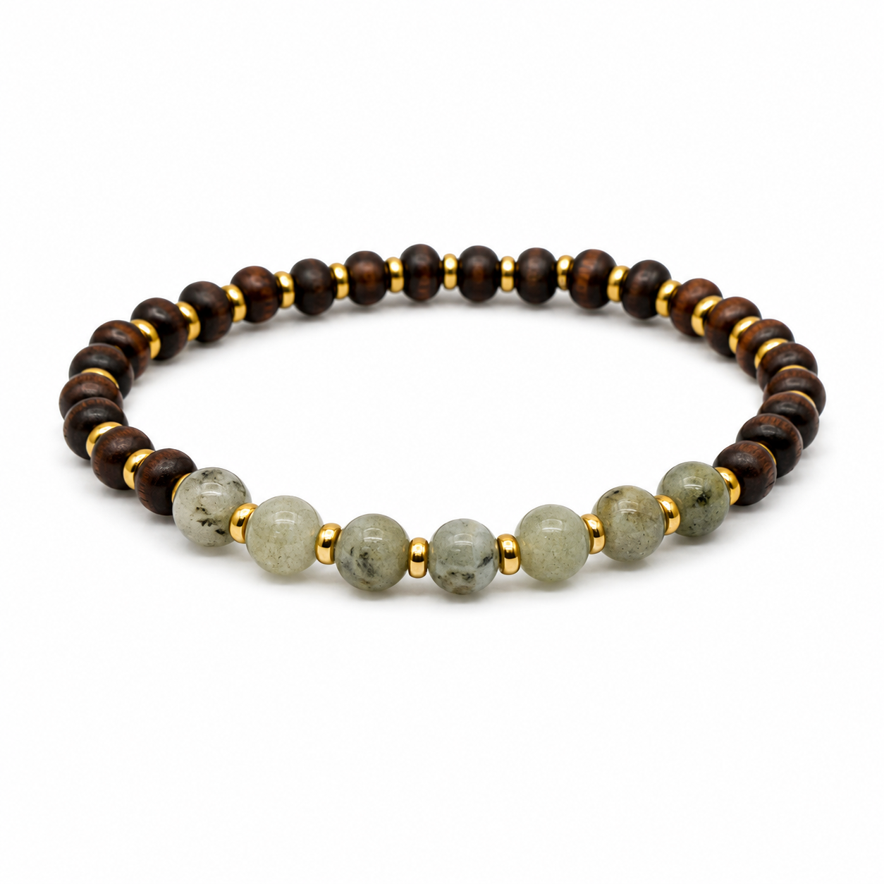 ANUVA Dark Wood & Sage Green Stone Stretch Bracelet Slim Stack