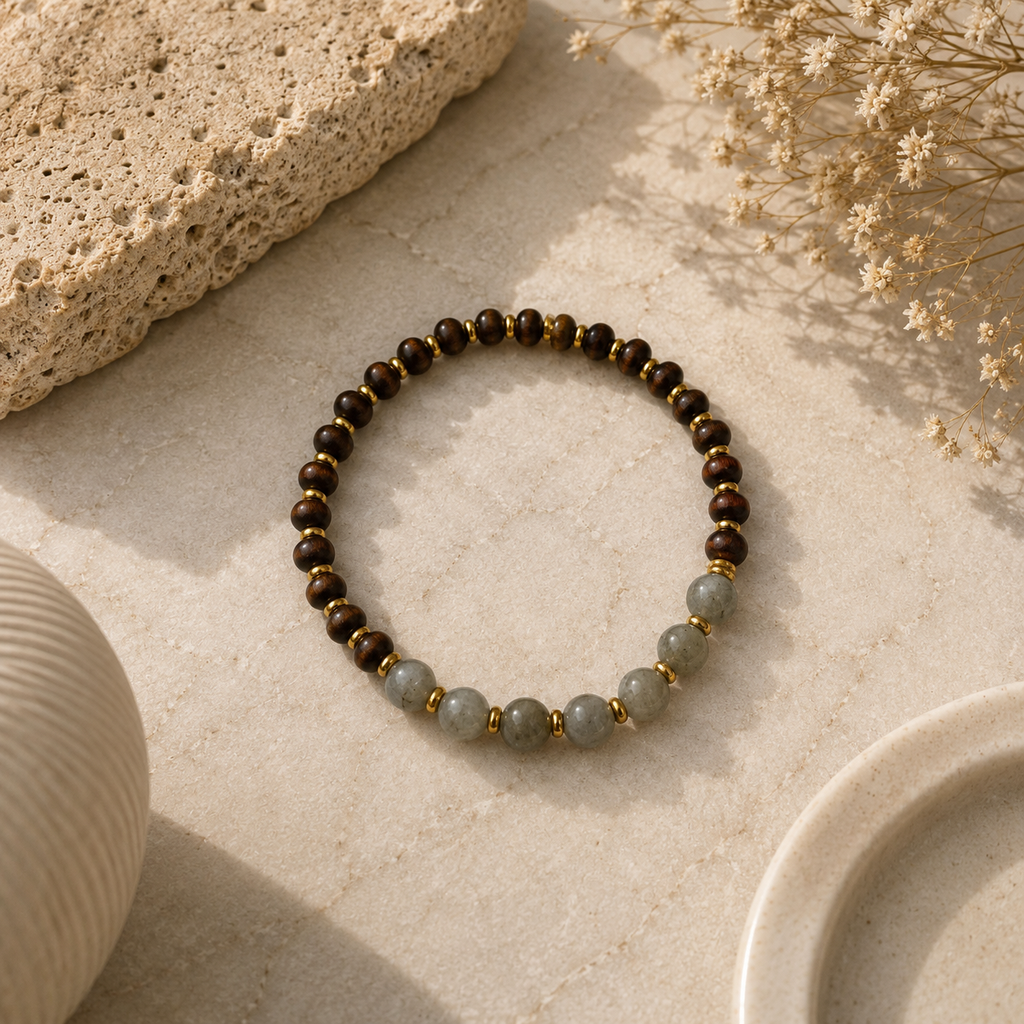 ANUVA Dark Wood & Sage Green Stone Stretch Bracelet Slim Stack