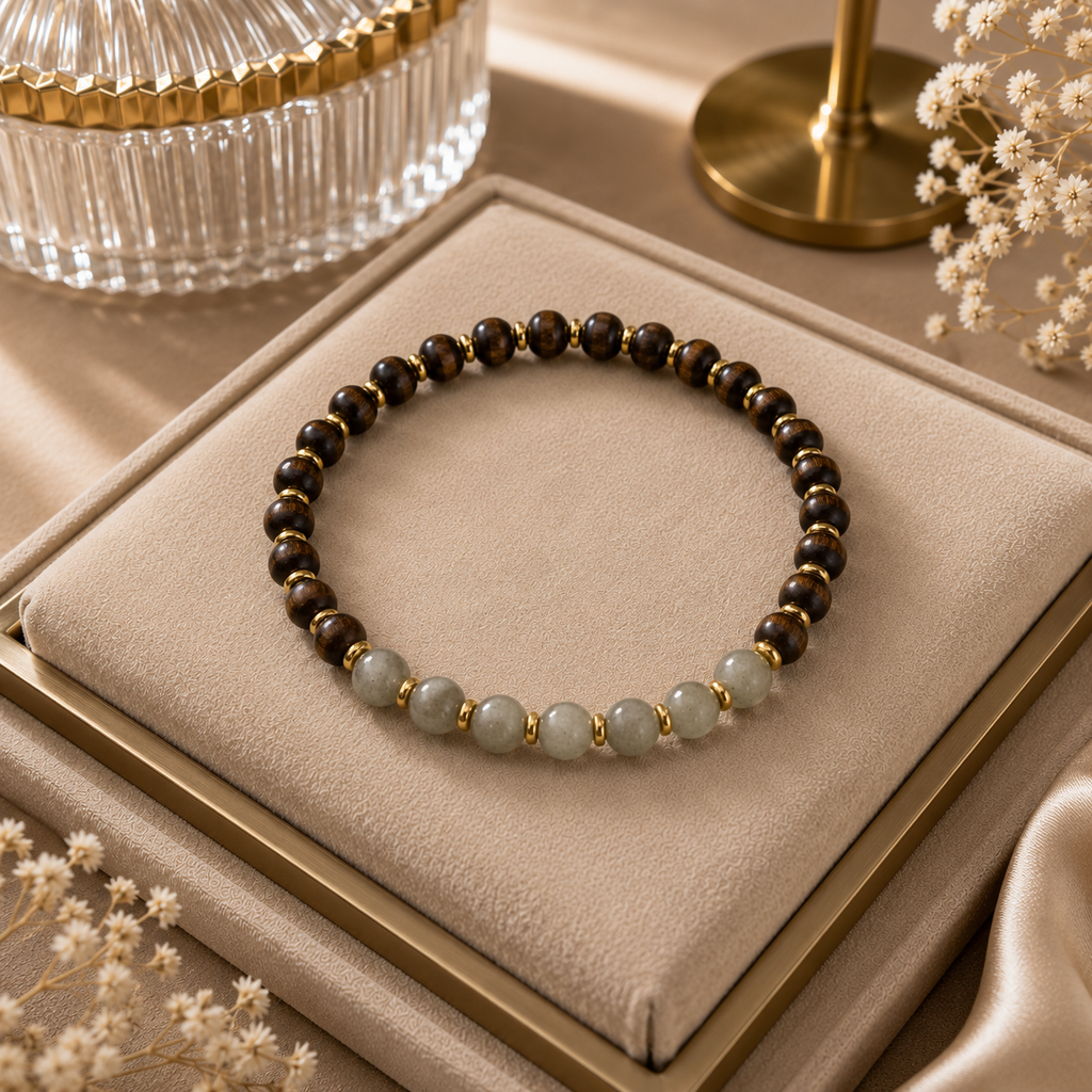 ANUVA Dark Wood & Sage Green Stone Stretch Bracelet Slim Stack