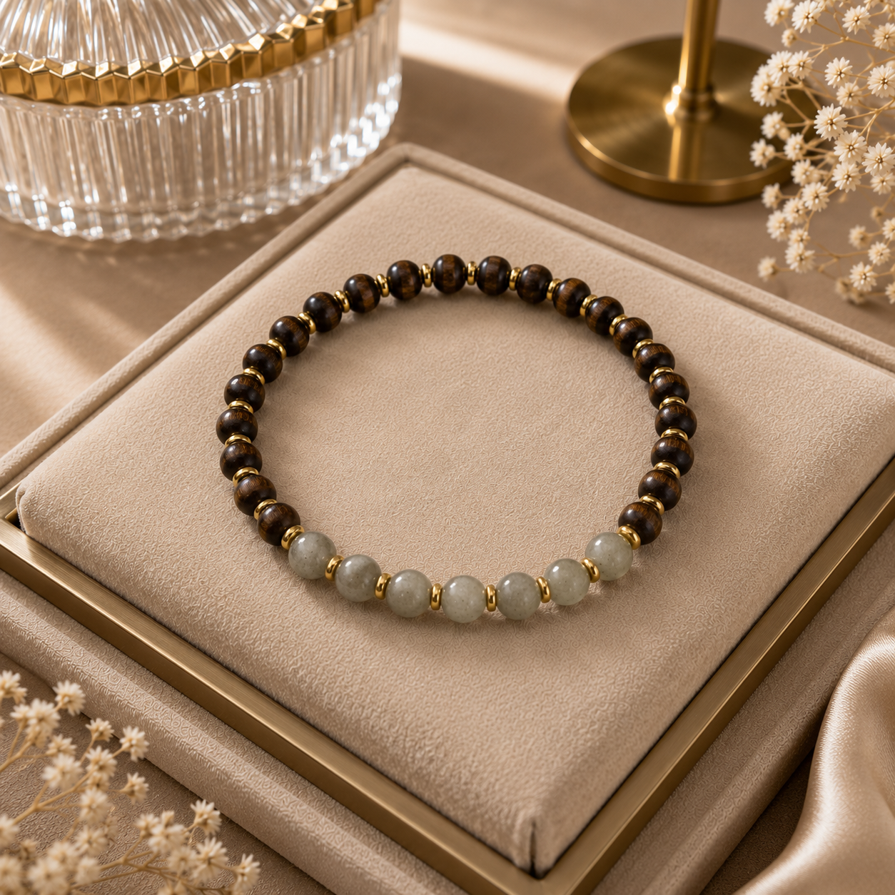 ANUVA Dark Wood & Sage Green Stone Stretch Bracelet Slim Stack