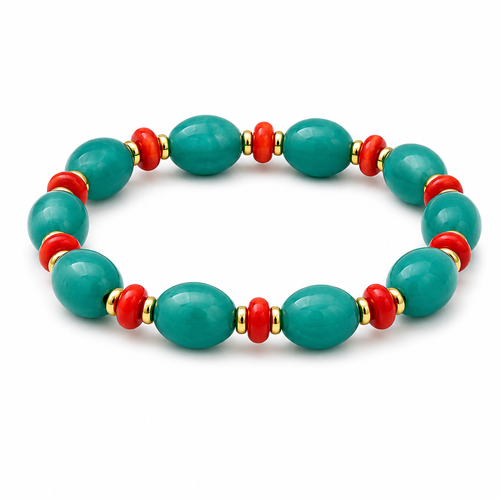 ANUVA Green Oval & Red Bead Stretch Bracelet Gold Accents