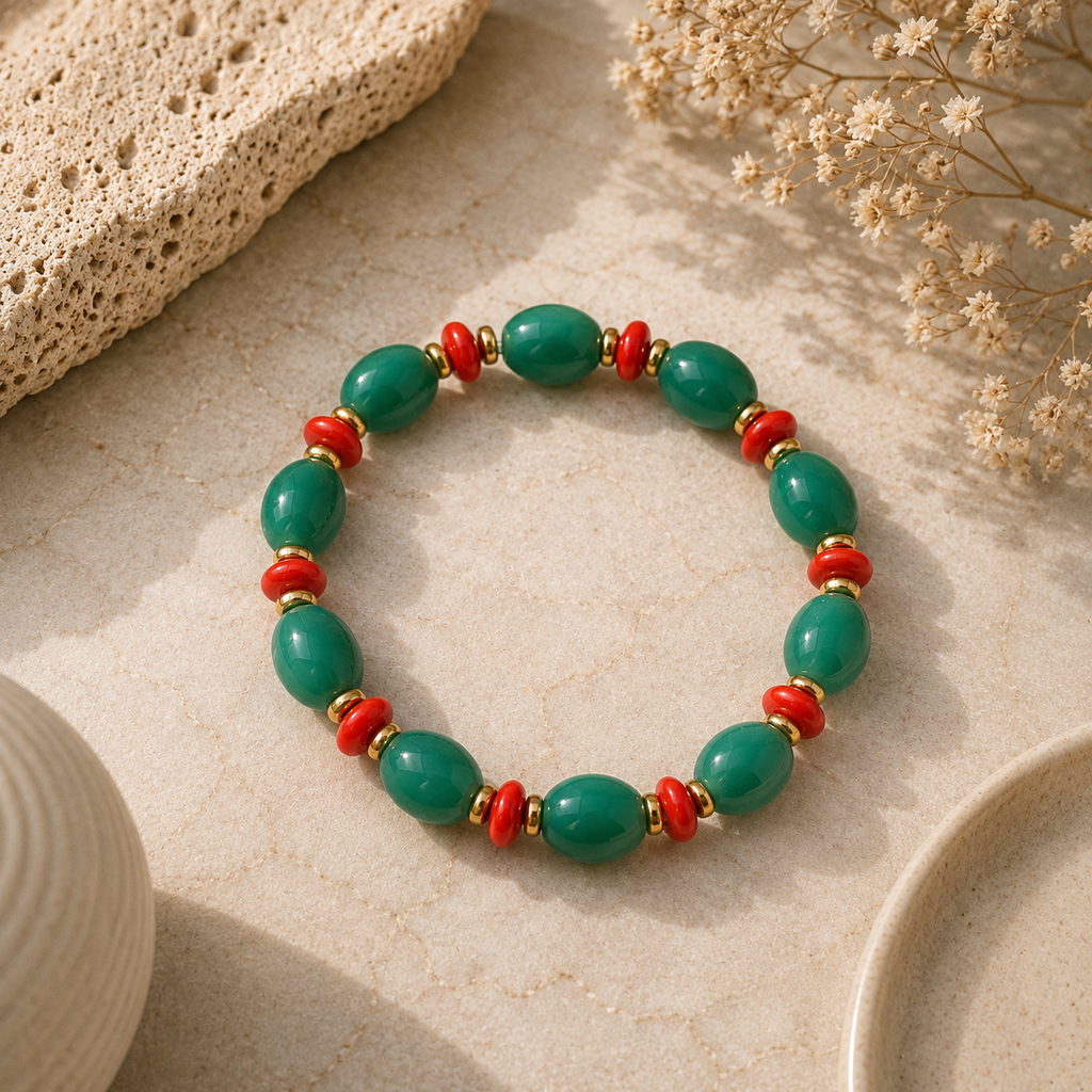 ANUVA Green Oval & Red Bead Stretch Bracelet Gold Accents