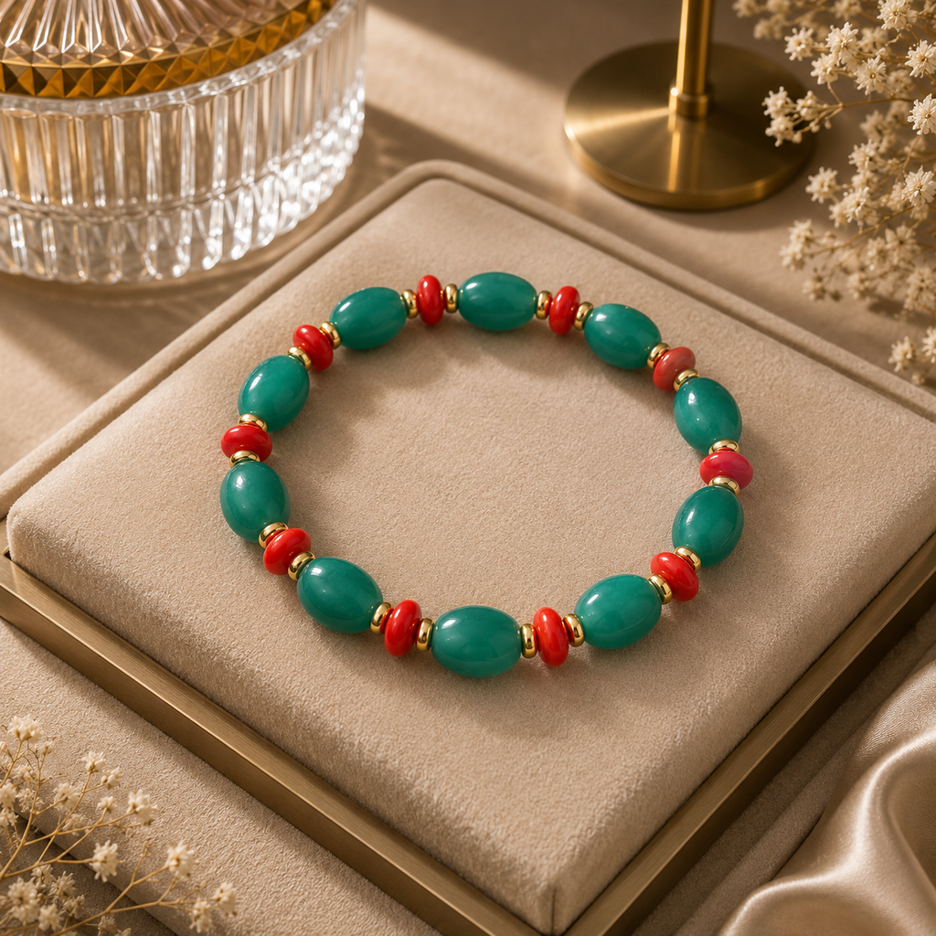 ANUVA Green Oval & Red Bead Stretch Bracelet Gold Accents