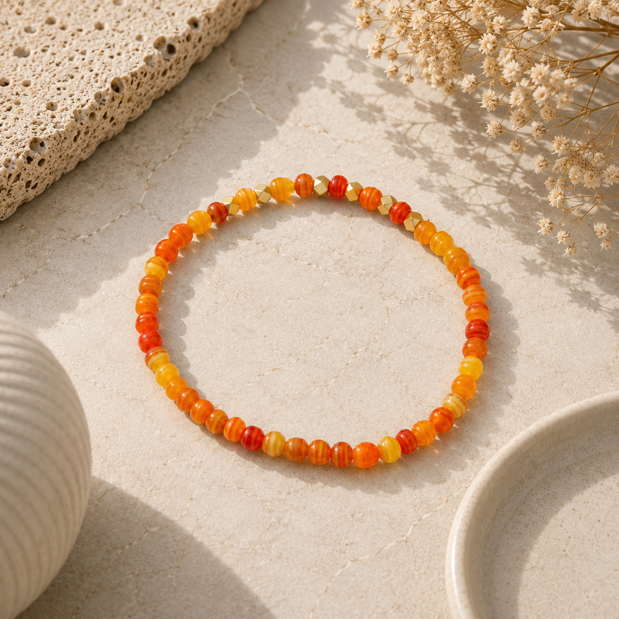 ANUVA Orange Agate Stripe Bead Stretch Bracelet Gold Accents