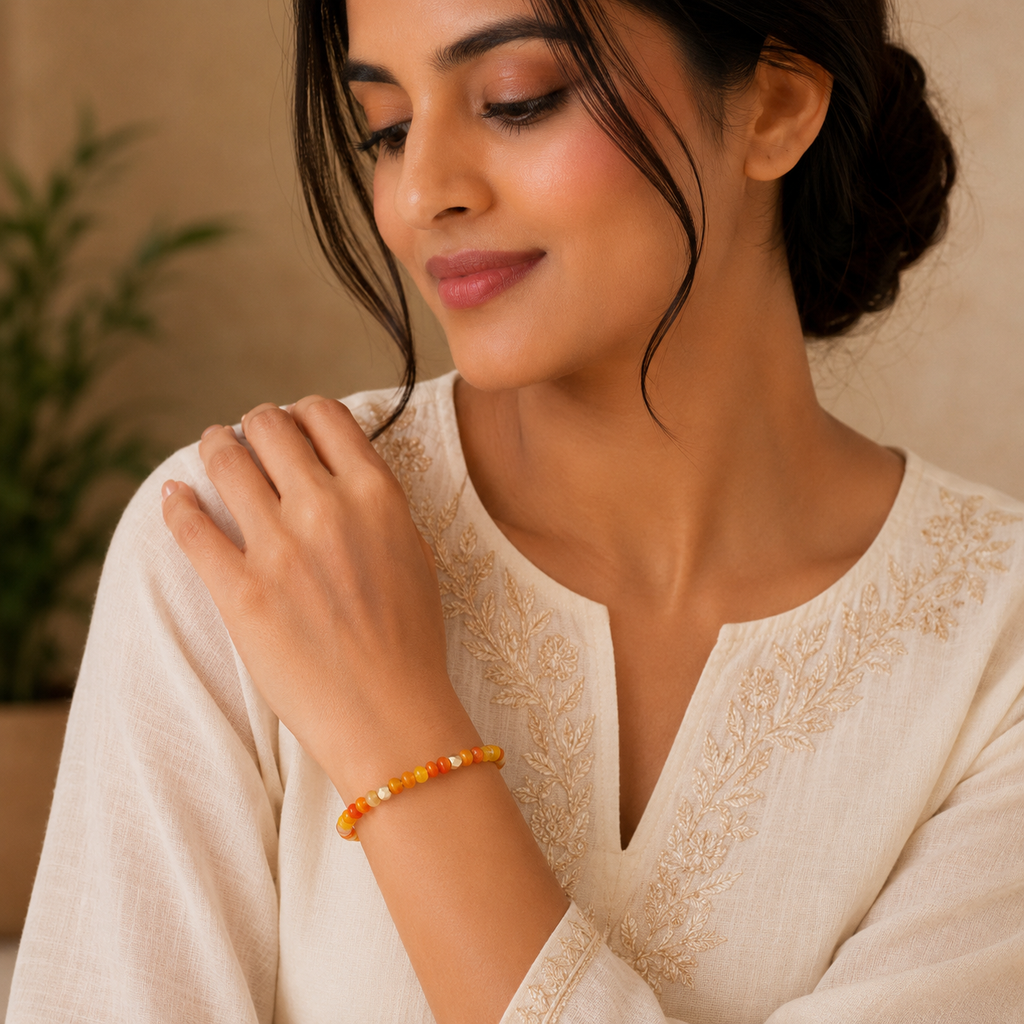ANUVA Orange Agate Stripe Bead Stretch Bracelet Gold Accents