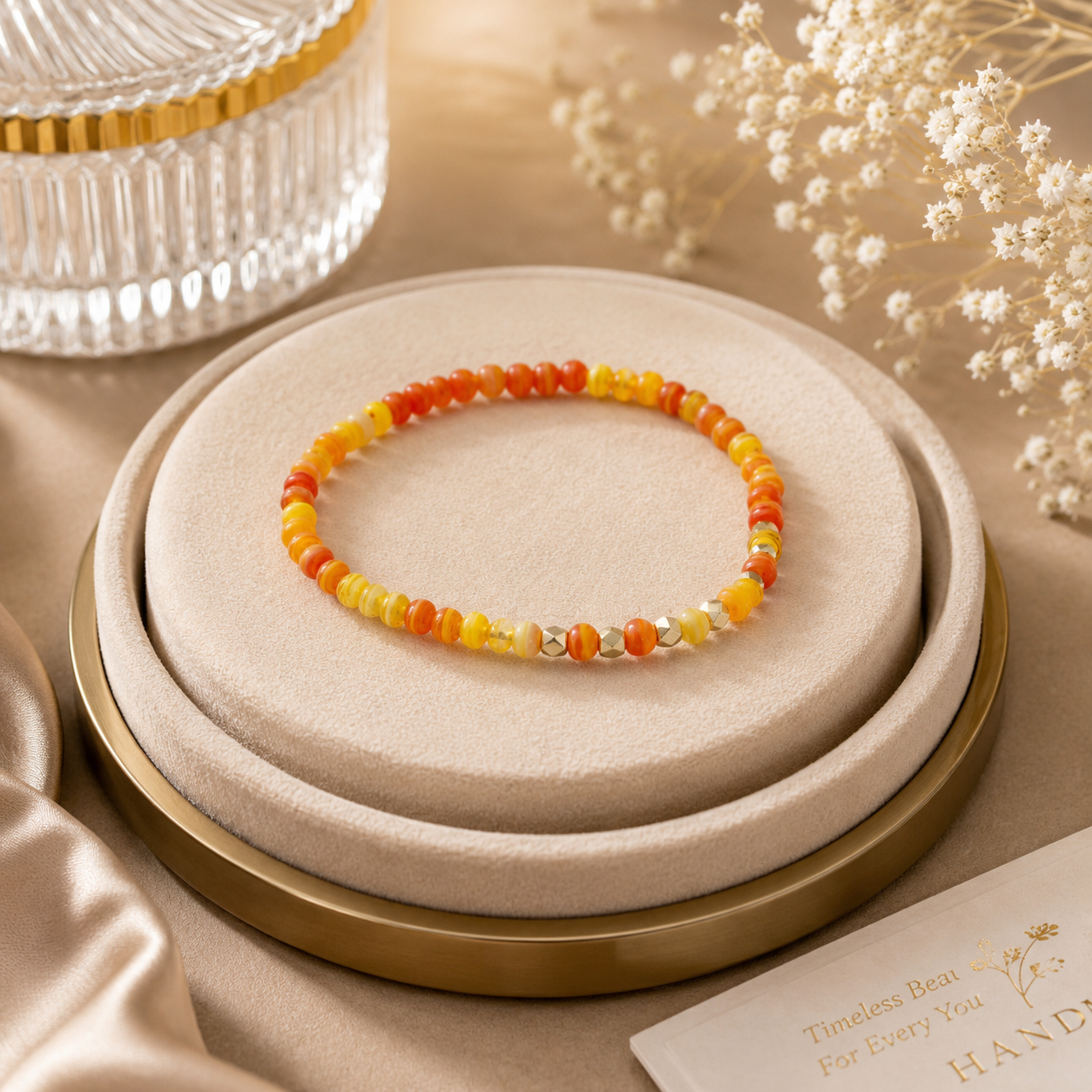 ANUVA Orange Agate Stripe Bead Stretch Bracelet Gold Accents