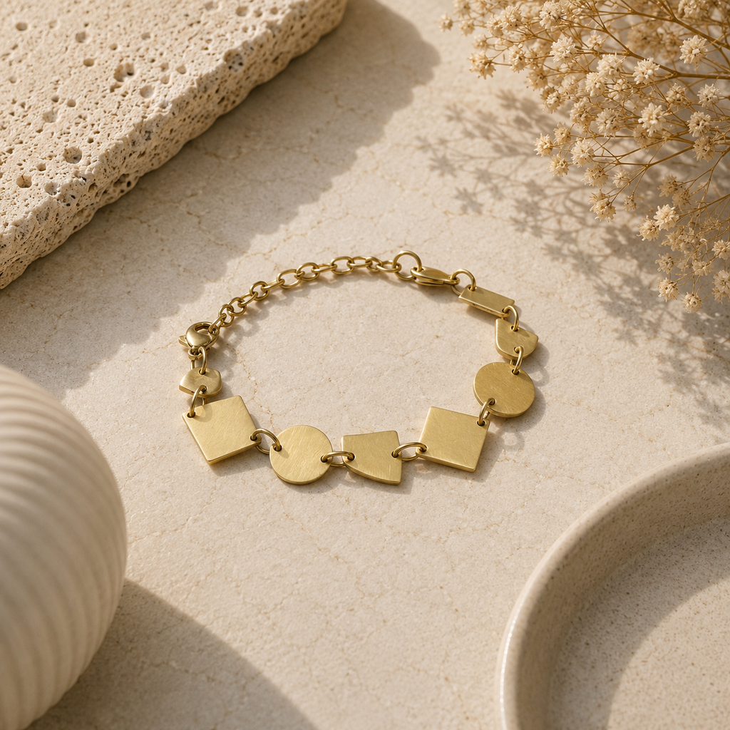 ANUVA Gold Tone Geometric Charm Link Bracelet Adjustable Modern