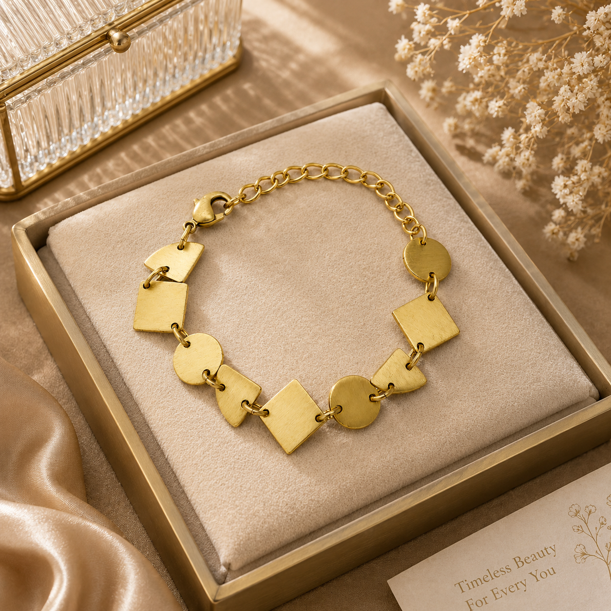 ANUVA Gold Tone Geometric Charm Link Bracelet Adjustable Modern