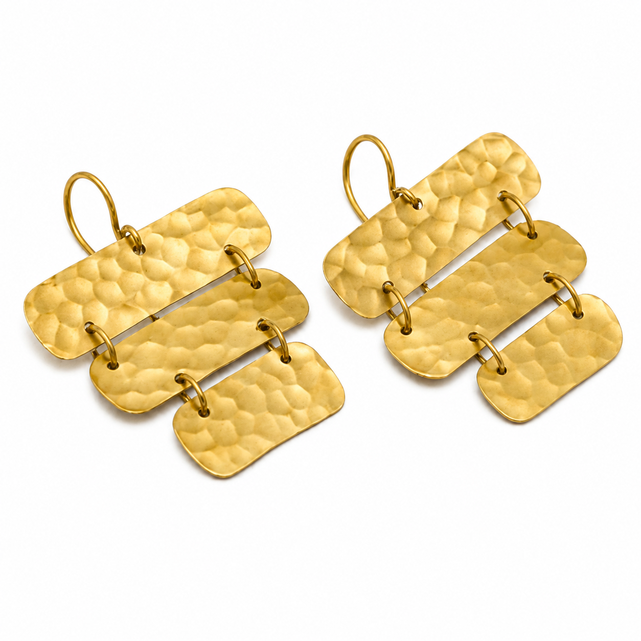 ANUVA Hammered Brass Cascading Panel Dangle Earrings Boho Gold