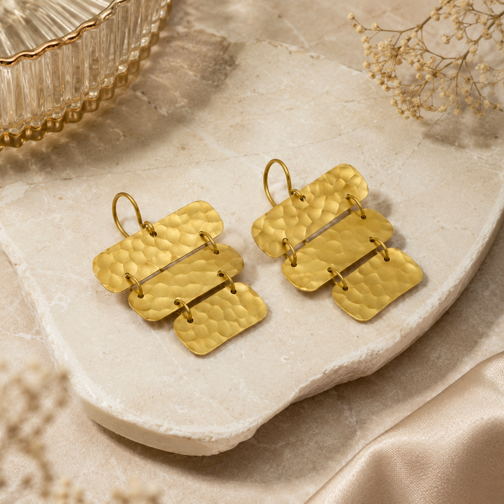 ANUVA Hammered Brass Cascading Panel Dangle Earrings Boho Gold