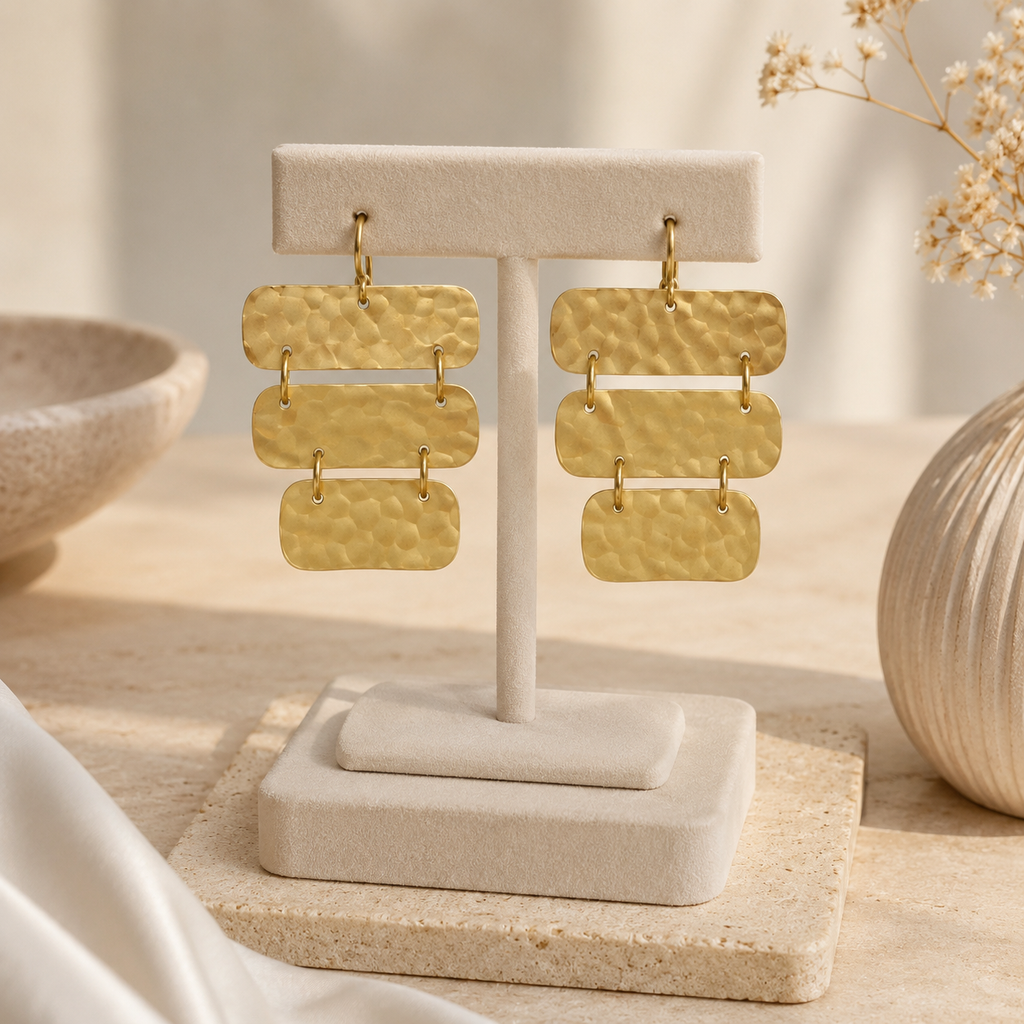 ANUVA Hammered Brass Cascading Panel Dangle Earrings Boho Gold